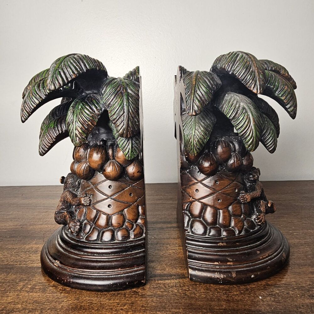 Vintage Tropical Palm Tree & Monkey Bookends Heavy Resin Pair, Safari Decor